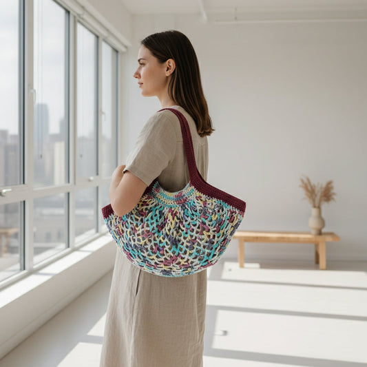 Crocheted bag with a colorful pattern and maroon handle hanging on a white door.