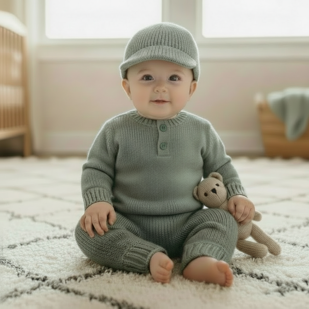 Knitting Pattern: Baby's Complete 3PC Outfit Includes Top, Pants, and Ball Cap. Sizes 3, 6, & 9 months - Digital Download