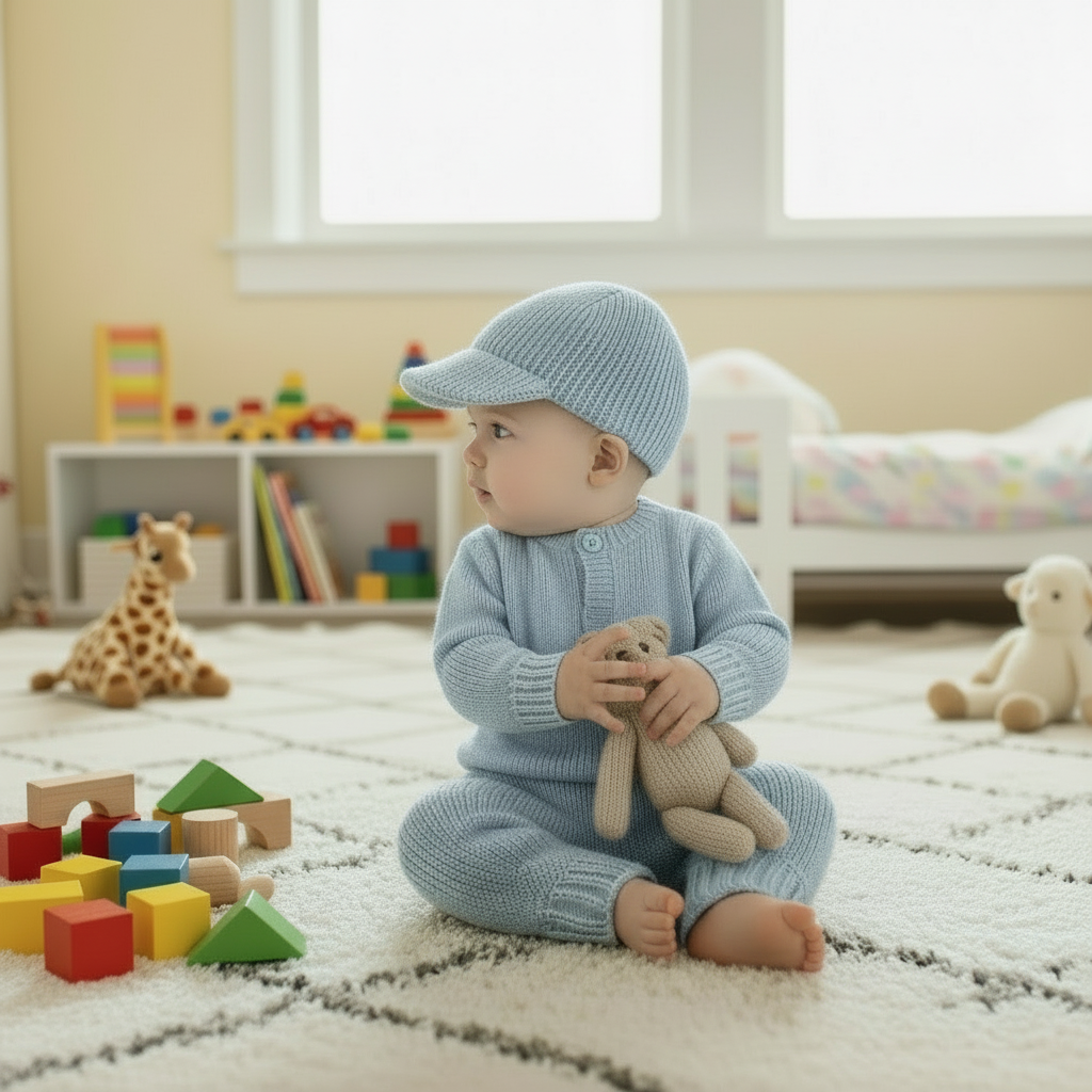  9 month old baby sitting on a rug wearing a light blue knit ball cap, sweater, and pants