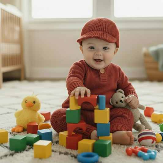 Baby in a red outfit sitting on a carpeted floor with a teddy bear.