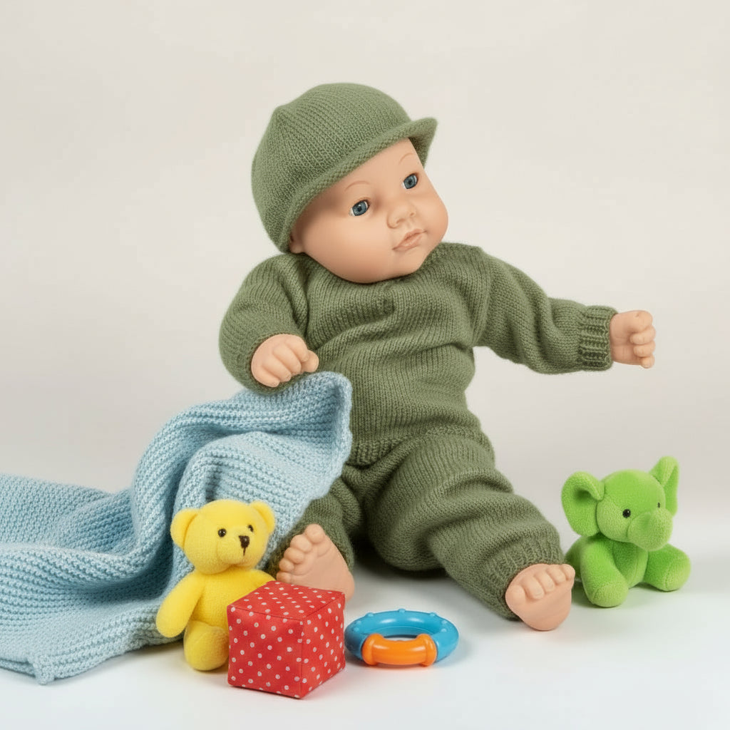 Baby doll in a green outfit and hat sitting rug with toys and a blue blanket
