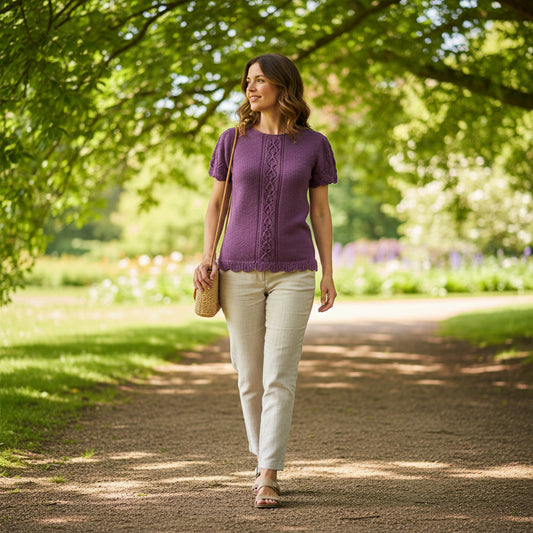 Purple knitted short-sleeve sweater on a woman walking in the park