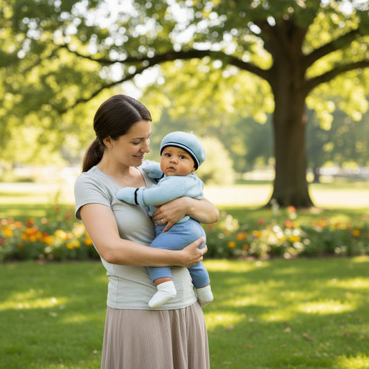 blue knit beret with black trim on the brim and blue corded mittens with black trim on the cuffs 