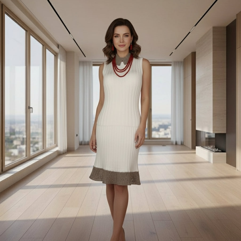 White dress with brown trim on a mannequin neutral background