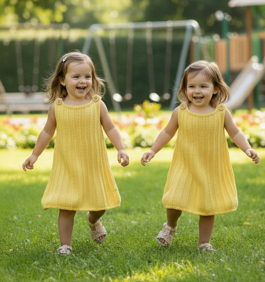 yellow knitted tank style dress on 2 little girls playing in the park 