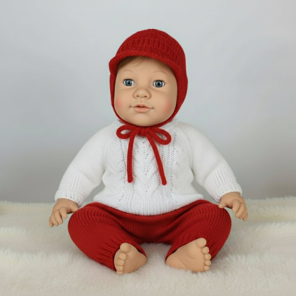  wearing a red knitted hat and white outfit against a neutral background