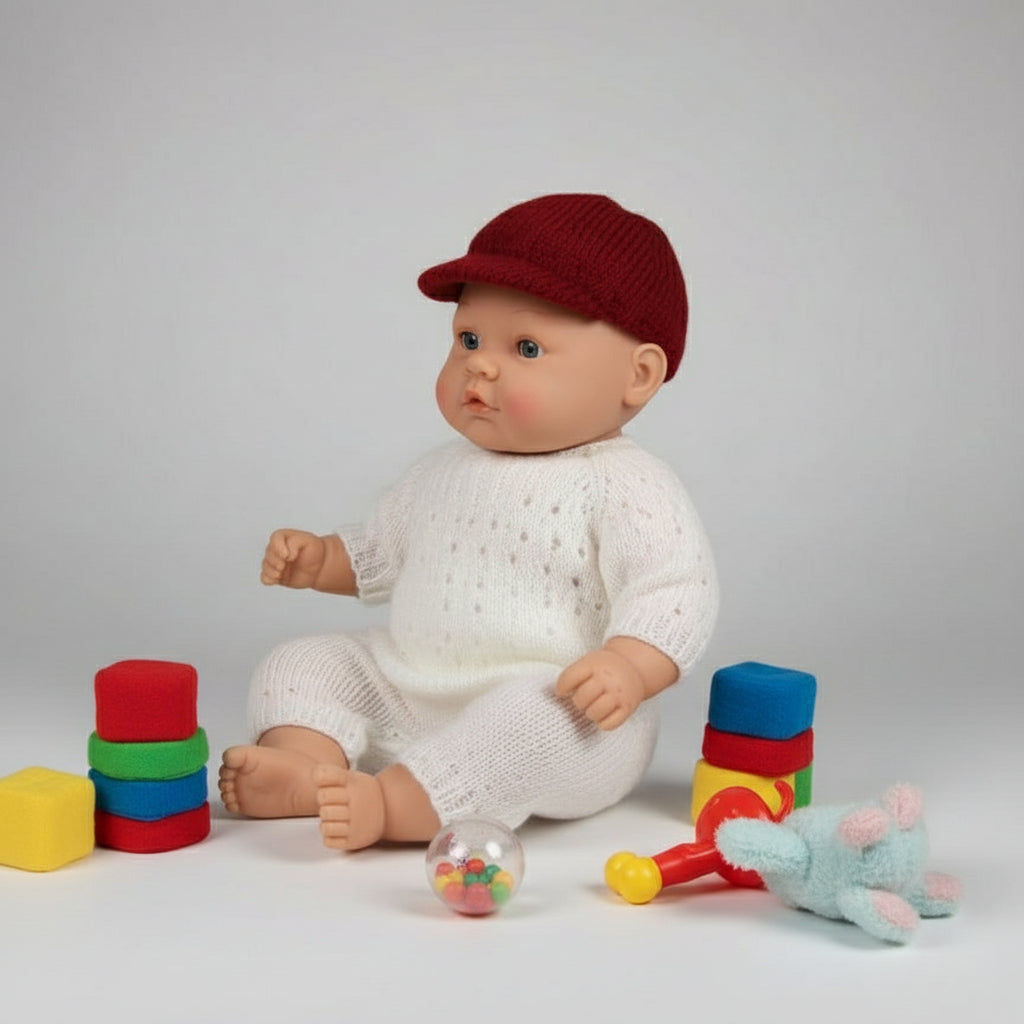 Close-up of a doll wearing a red knitted cap on a neutral background