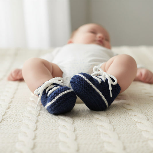 Blue and white crocheted baby booties on a on a baby
