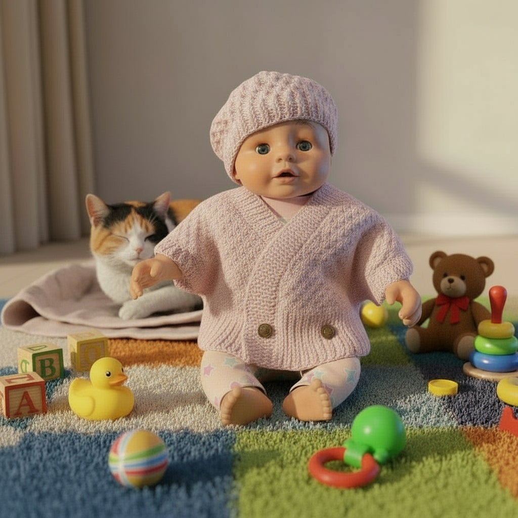 Baby doll wearing a knitted light pink cabled cardigan and beret on a colorful rug with toys