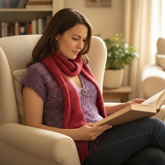 Purple knitted top with fringe on a woman reading a book in a chair
