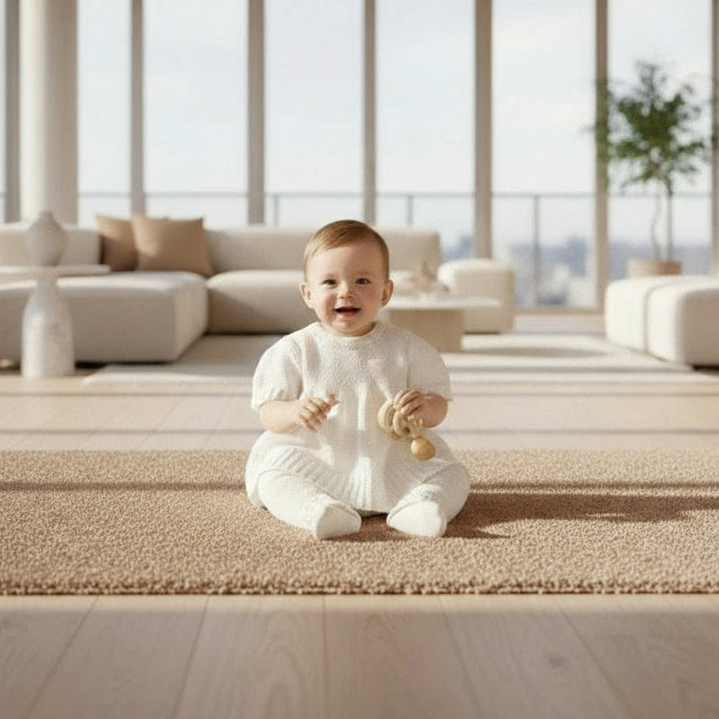 Knitted baby outfit with top and pants on a baby boy, neutral background.