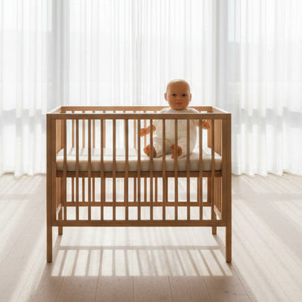 Baby doll in a white outfit sitting on a crib with a white curtain in the background.