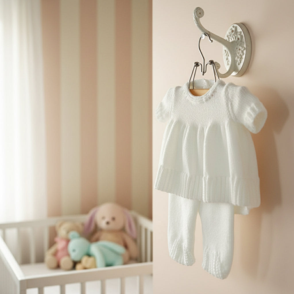 White knitted baby outfit on a hanger in a baby nursery