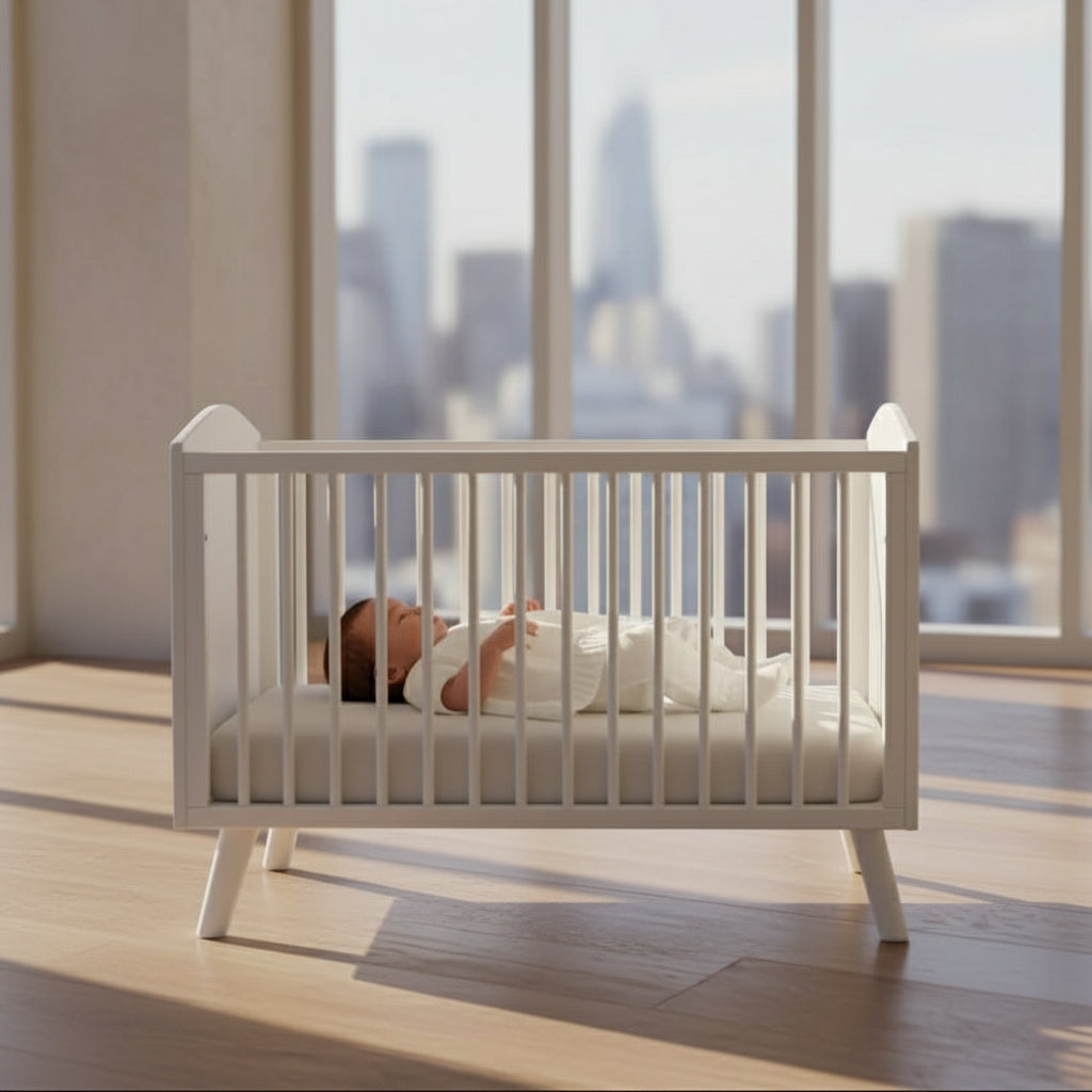 Knitted baby outfit with short-sleeve top and pants on a wooden hanger.