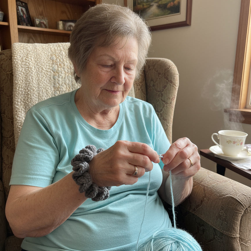 charcoal gray scrunchie on a woman's wrist sitting in a chair
