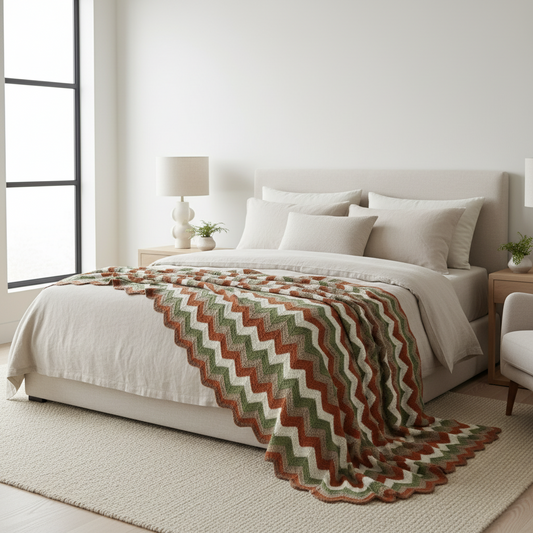 image of a crocheted chevron blanket with 6 different colors, 4 rows of each color, in earth tones over a bed