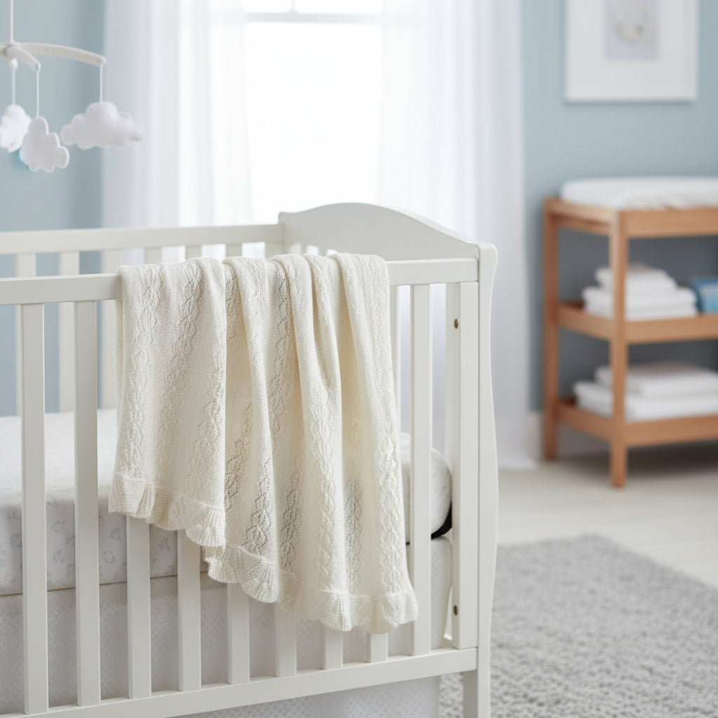 White knitted blanket folded displayed on crib in a nursery