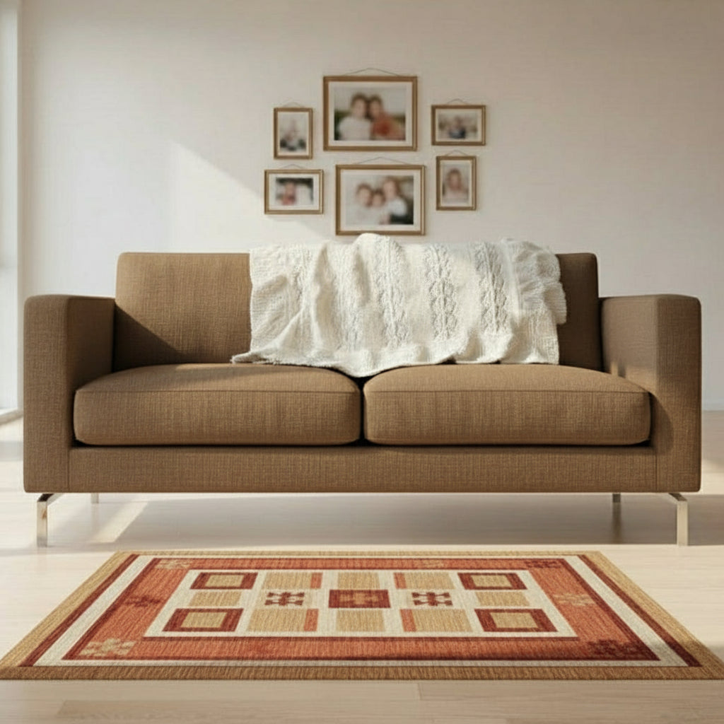 Knitted blanket with a diamond pattern draped over a couch in a family room