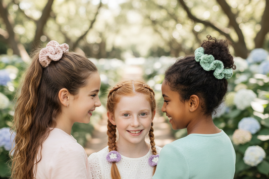 create an image of girls wearing the crocheted scrunchies