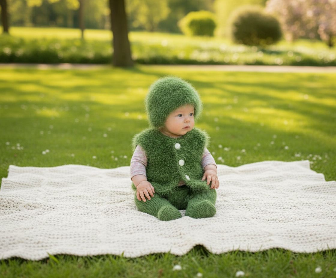 Baby boy wearing a green textured outfit with a faux fur green vest with white buttons and faux fur hat in green