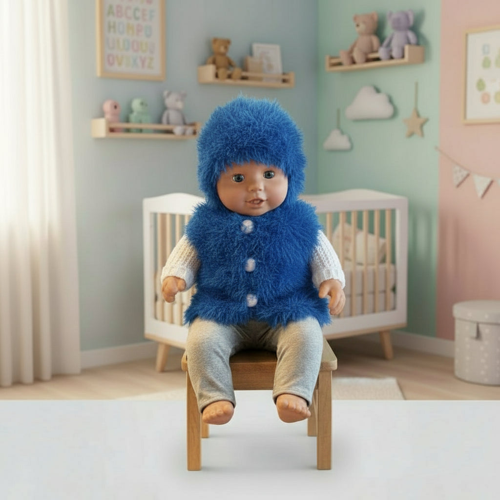 baby girl dressed in a royal blue faux fur that and vest outfit and white buttons 
