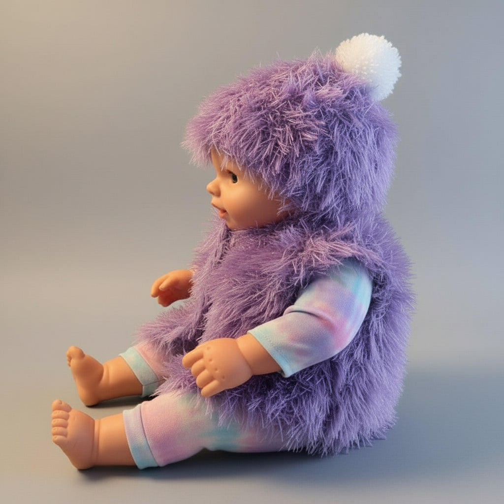 side view of doll wearing a faux fur vest and hat