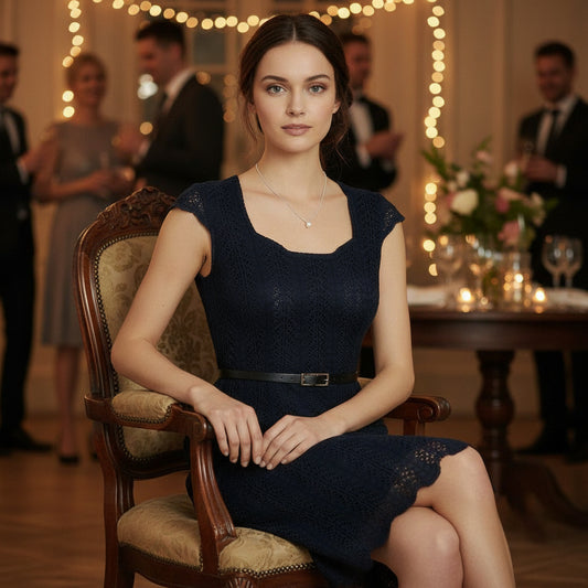 Woman wearing a black dress with a belt sitting on a chair, party setting
