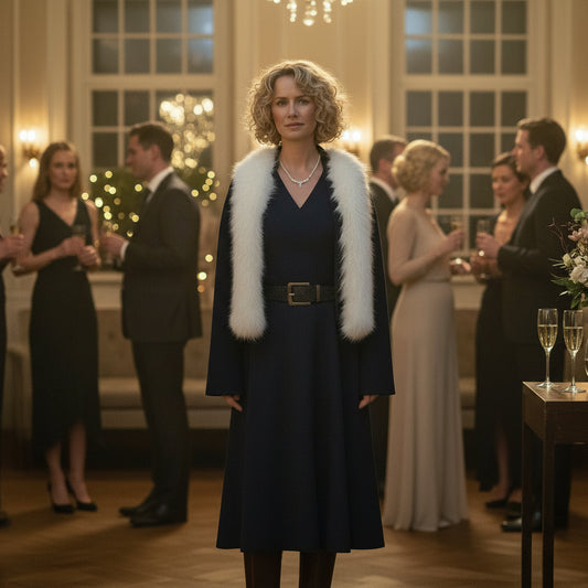 faux fur jacket white fur navy blue lace sleeves on a woman in a neutral setting