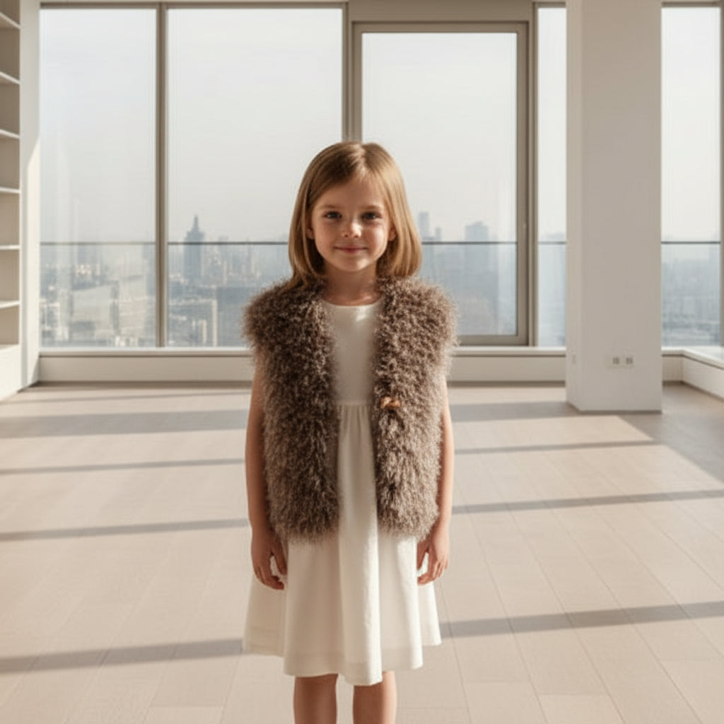 Fur vest on a little girl in a modern room with large windows