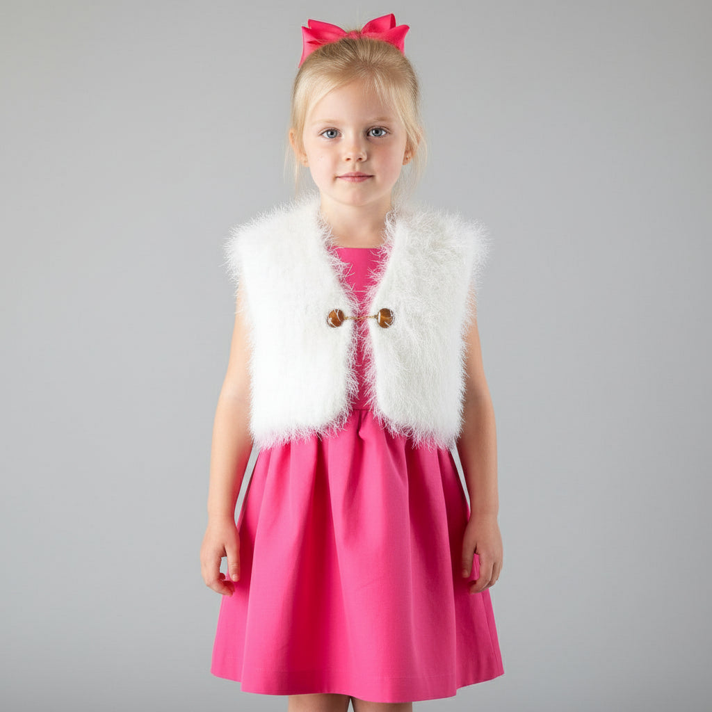 kid's furry white vest on a little girl over a pink dress on a neutral background
