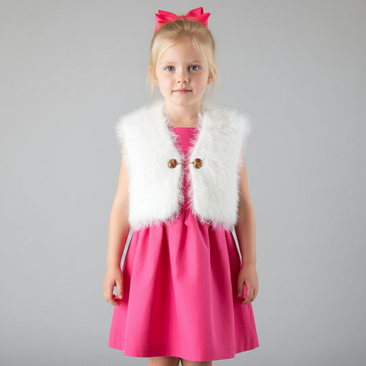 kid's furry white vest on a little girl over a pink dress on a neutral background