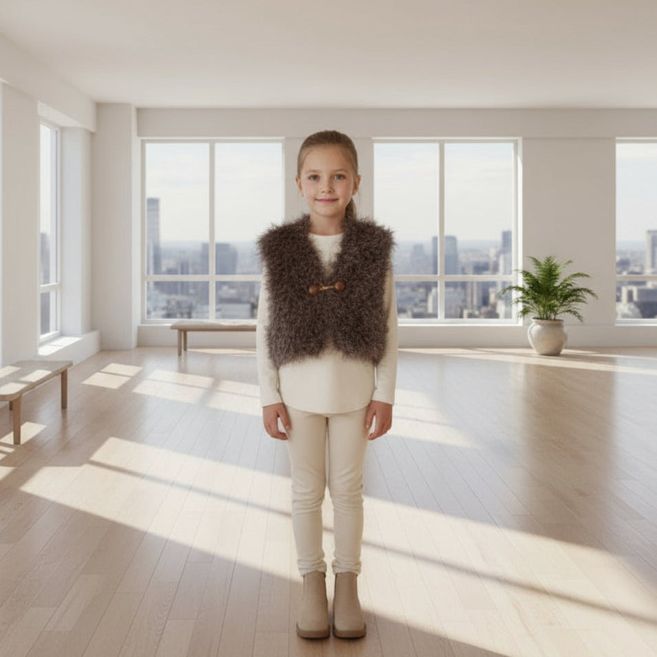 Fluffy brown vest with a button on a mannequin against a white background