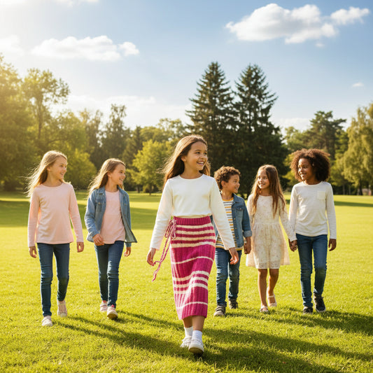 little girl wearing a white top and pink and beige striped skirt with a chain detail in a park