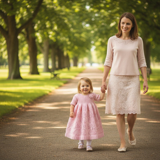 Baby doll wearing a pink knitted dress with a neutral background