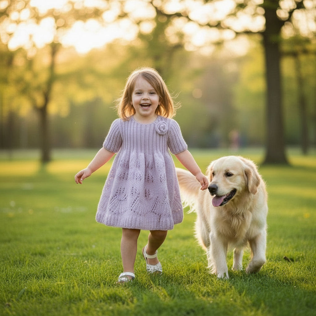Child in a purple dress walking a golden retriever in a park