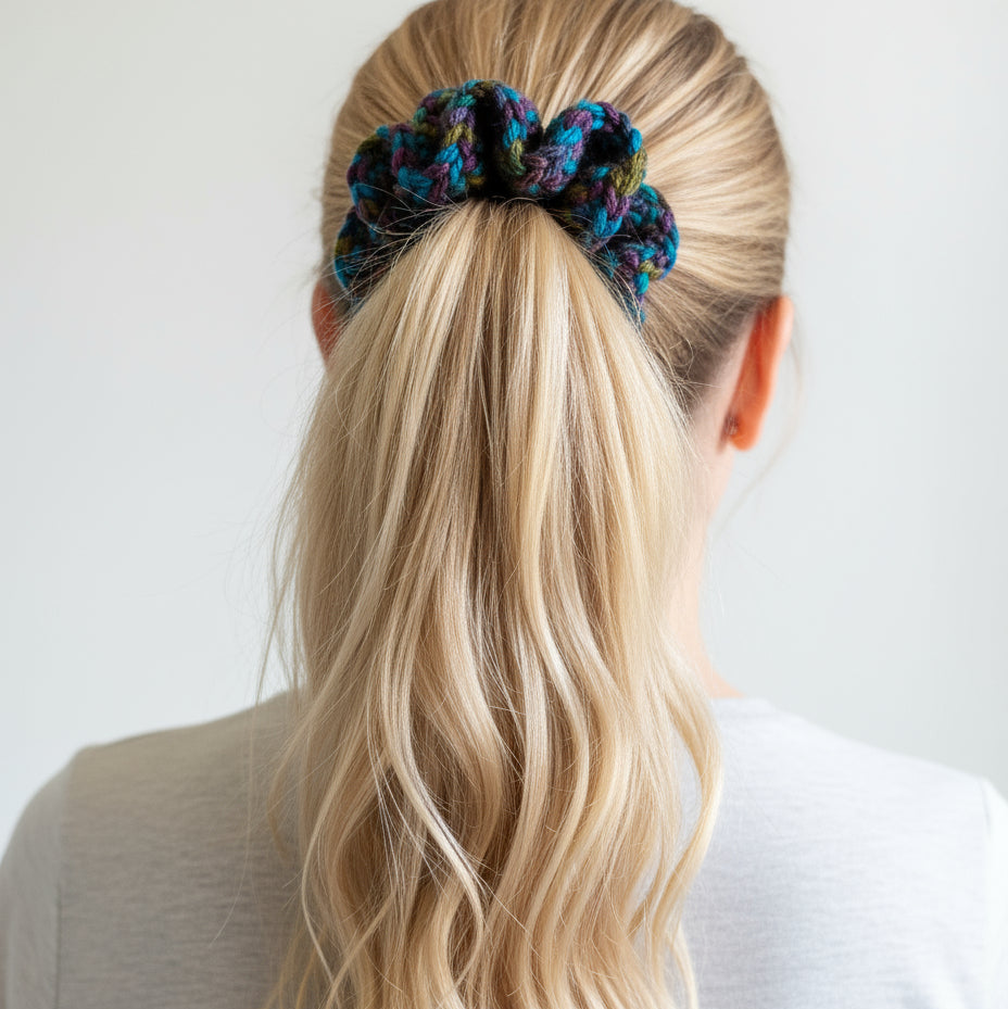 Multicolored scrunchie on a woman with long blonde hair
