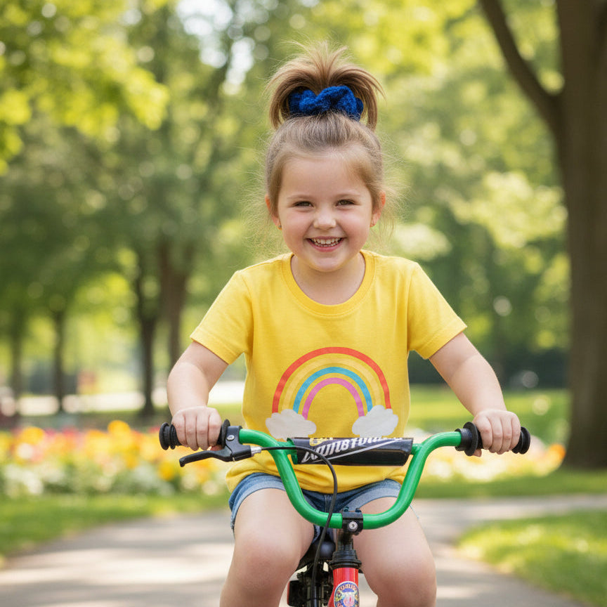 royal blue scrunchie on a little girl riding a bike
