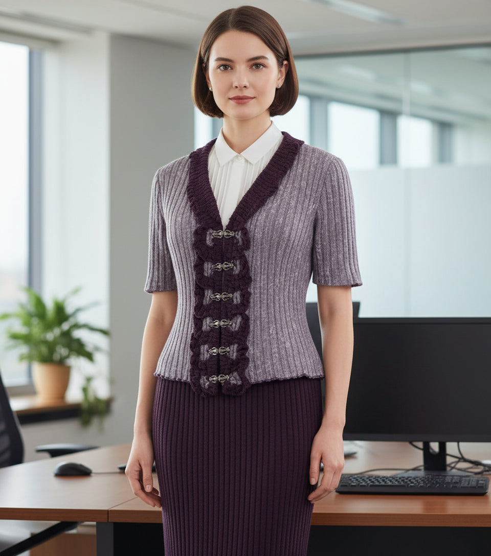 Woman in a professional setting wearing a purple outfit with a white shirt.
