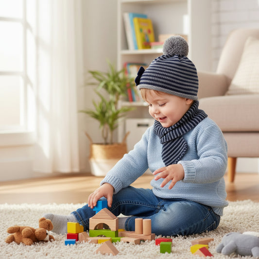 Baby doll wearing a red and gray striped hat and scarf in a home setting.
