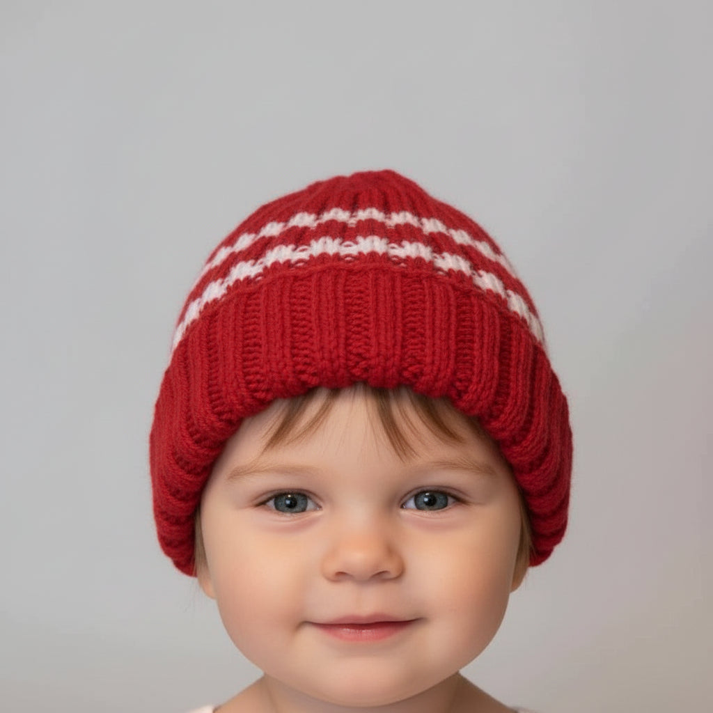 Baby doll wearing a light blue knitted hat against a neutral background