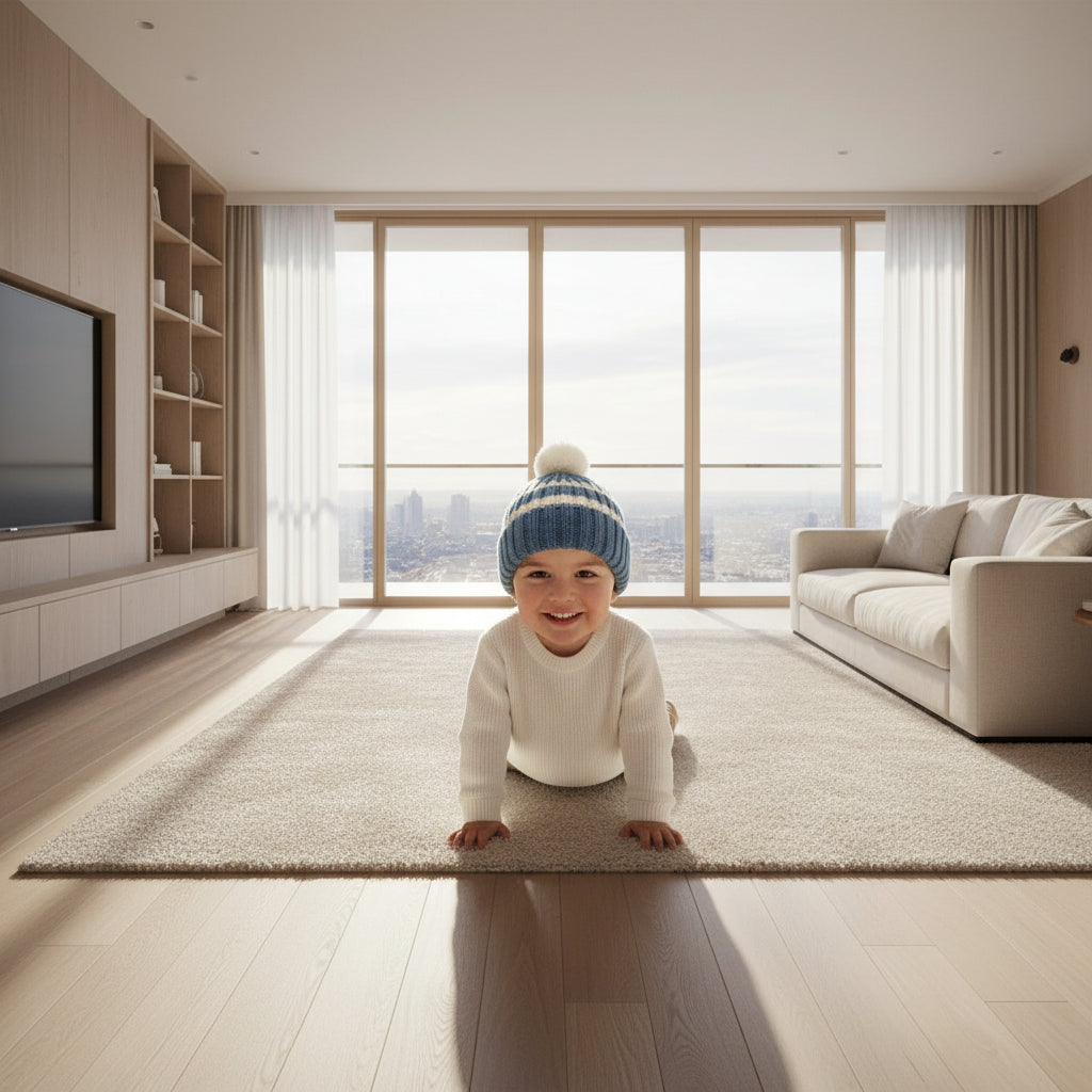 Knitted beanie with a white pom-pom on a young child on a 
light gray background