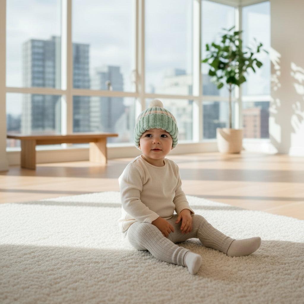 Knitted hat with white  stripes and a white pom-pom on a neutral background
