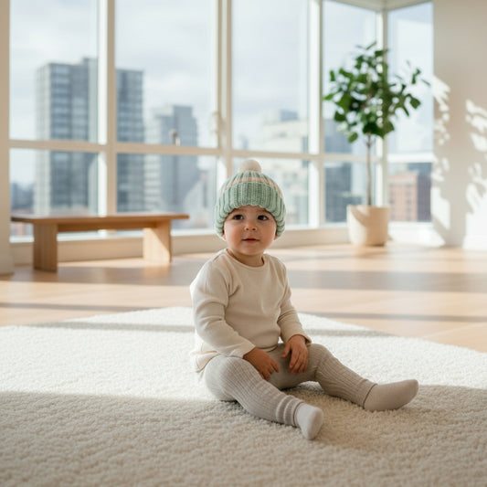 Knitted hat with white  stripes and a white pom-pom on a neutral background