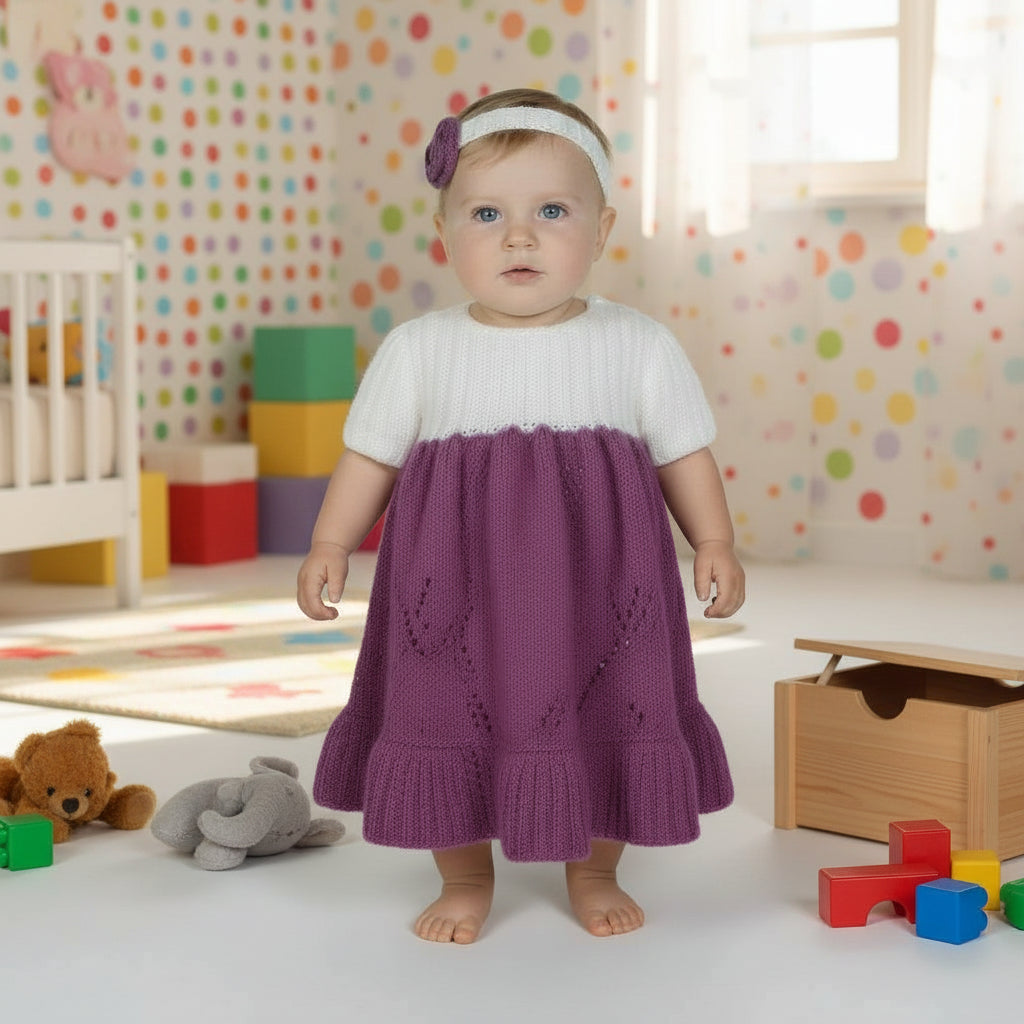 baby doll wearing a white and purple dress  with a headband, sitting down on a neutral background
