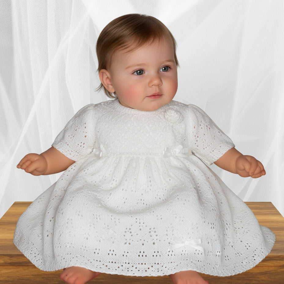 little girl wearing a white knitted dress on a wooden surface with a white curtain background